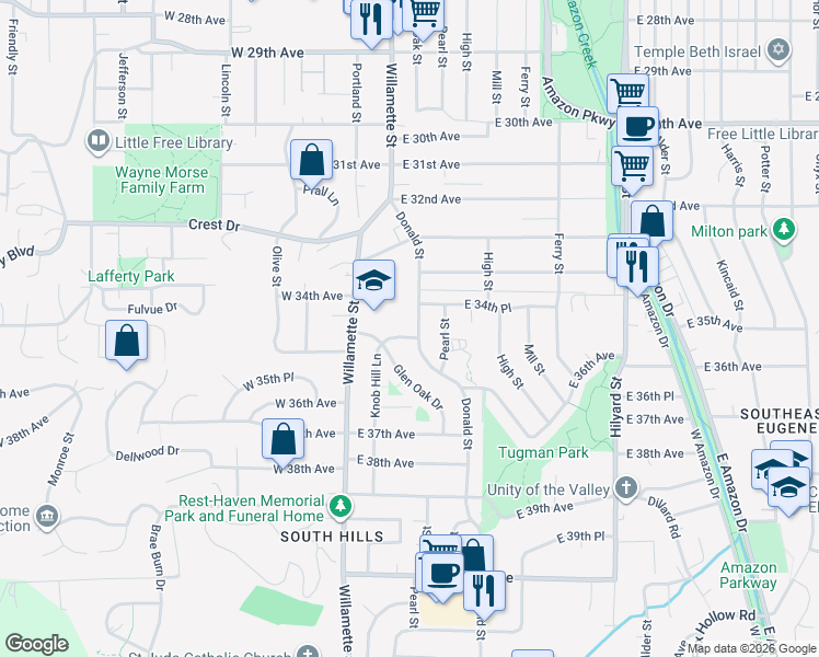 map of restaurants, bars, coffee shops, grocery stores, and more near 3456 Donald Street in Eugene