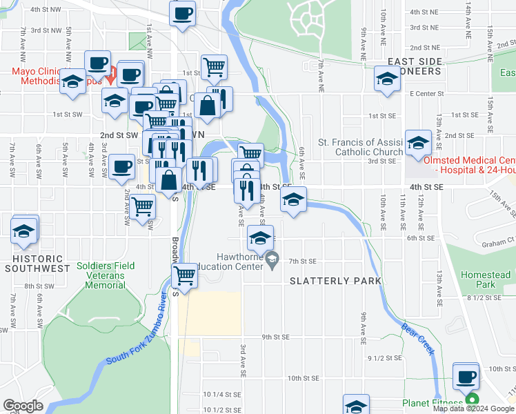 map of restaurants, bars, coffee shops, grocery stores, and more near in Rochester