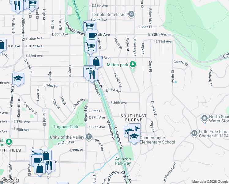 map of restaurants, bars, coffee shops, grocery stores, and more near 894 East 35th Avenue in Eugene