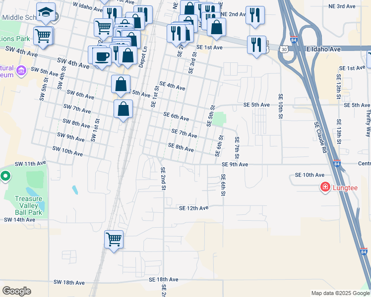 map of restaurants, bars, coffee shops, grocery stores, and more near 430 Southeast 7th Avenue in Ontario