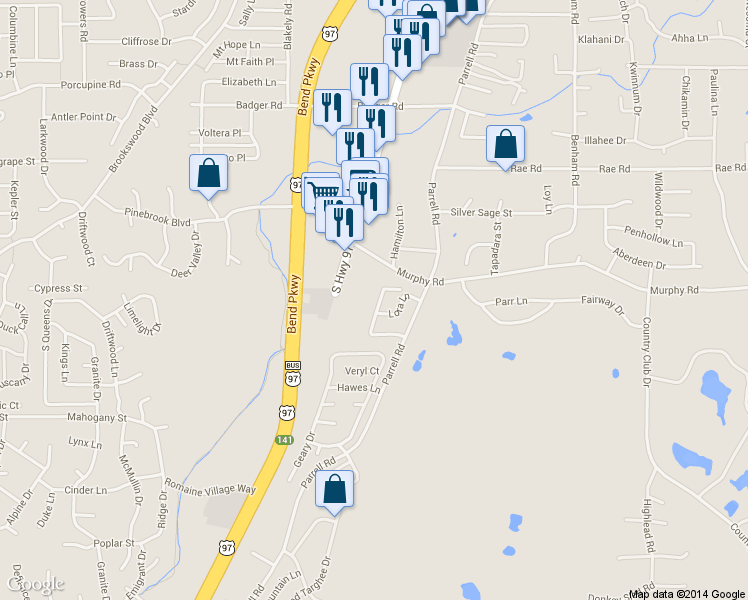 map of restaurants, bars, coffee shops, grocery stores, and more near 61095 Borden Drive in Bend