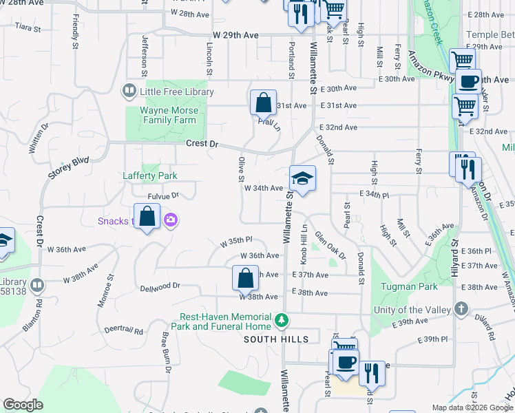 map of restaurants, bars, coffee shops, grocery stores, and more near 3430 McMillan Street in Eugene
