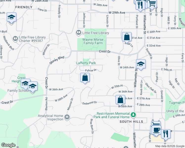 map of restaurants, bars, coffee shops, grocery stores, and more near in Eugene