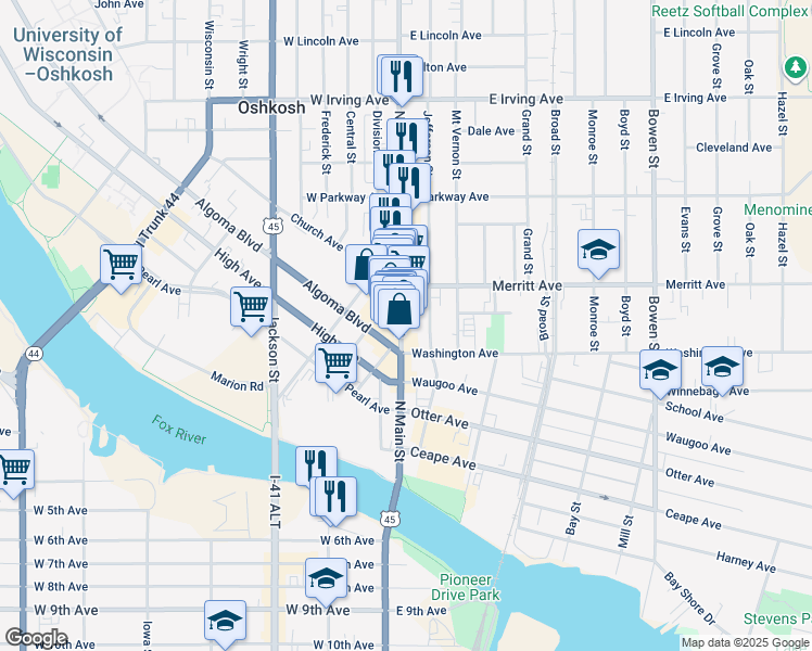 map of restaurants, bars, coffee shops, grocery stores, and more near 457 North Main Street in Oshkosh