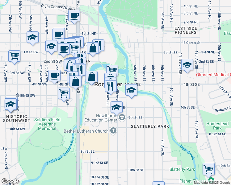 map of restaurants, bars, coffee shops, grocery stores, and more near in Rochester