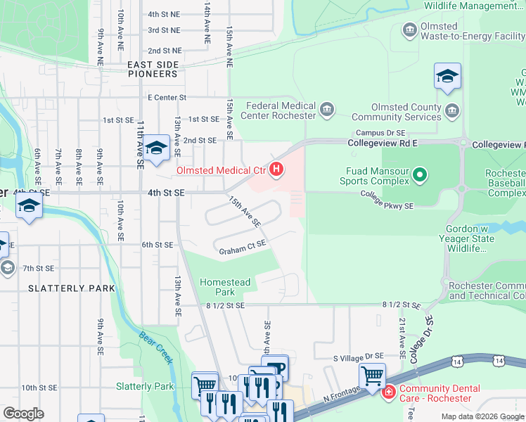 map of restaurants, bars, coffee shops, grocery stores, and more near 1505 Damon Court Southeast in Rochester