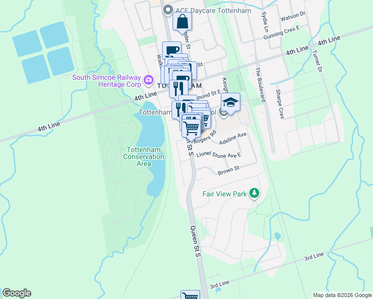 map of restaurants, bars, coffee shops, grocery stores, and more near 102 Queen Street South in New Tecumseth