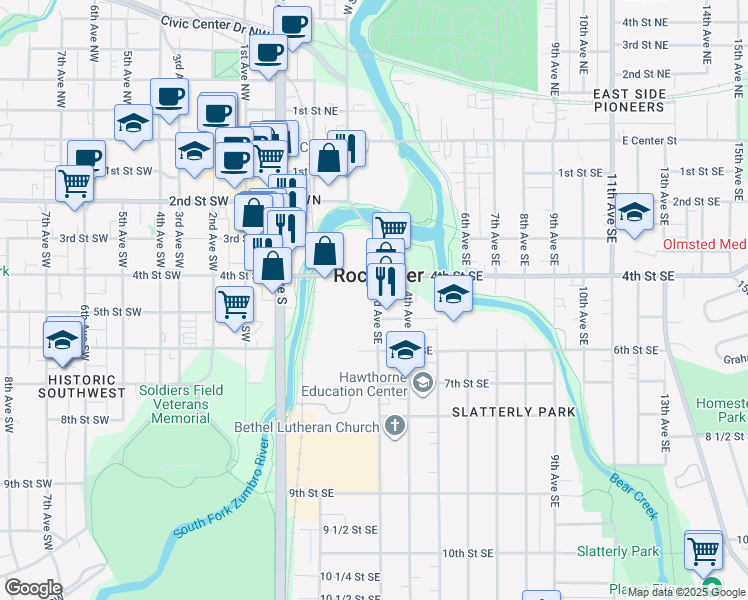 map of restaurants, bars, coffee shops, grocery stores, and more near in Rochester