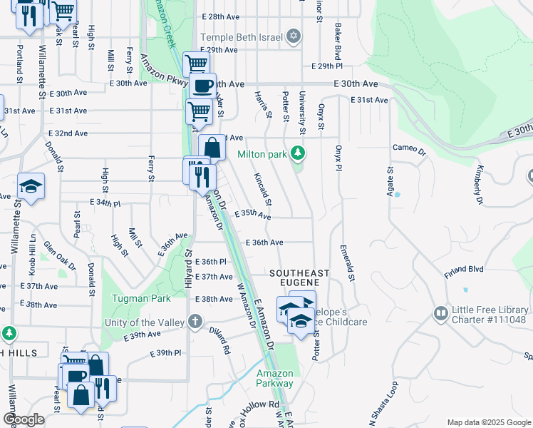 map of restaurants, bars, coffee shops, grocery stores, and more near 3473 Kincaid Street in Eugene