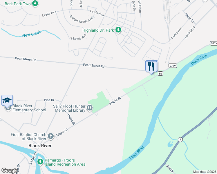 map of restaurants, bars, coffee shops, grocery stores, and more near 110 Ambrose Drive in Black River