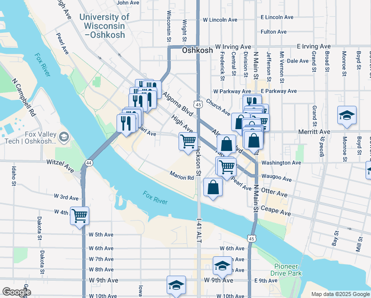 map of restaurants, bars, coffee shops, grocery stores, and more near 435 High Avenue in Oshkosh