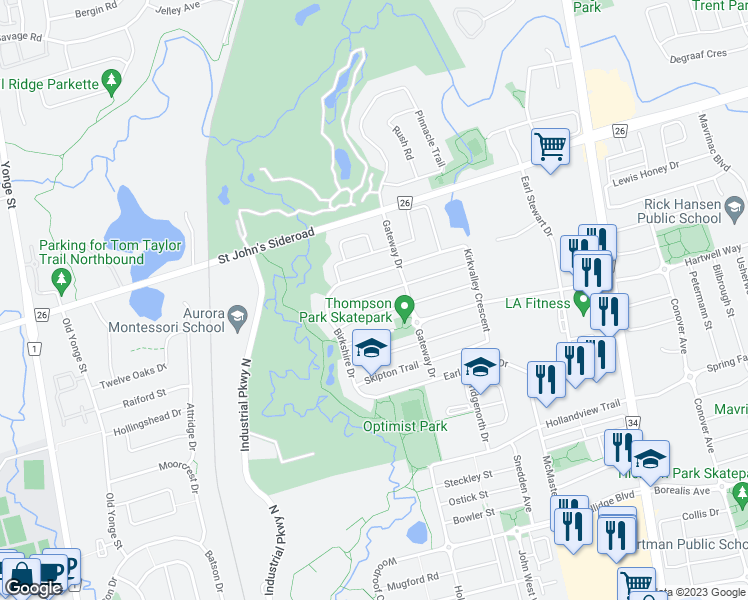 map of restaurants, bars, coffee shops, grocery stores, and more near 47 Turnbridge Road in Aurora