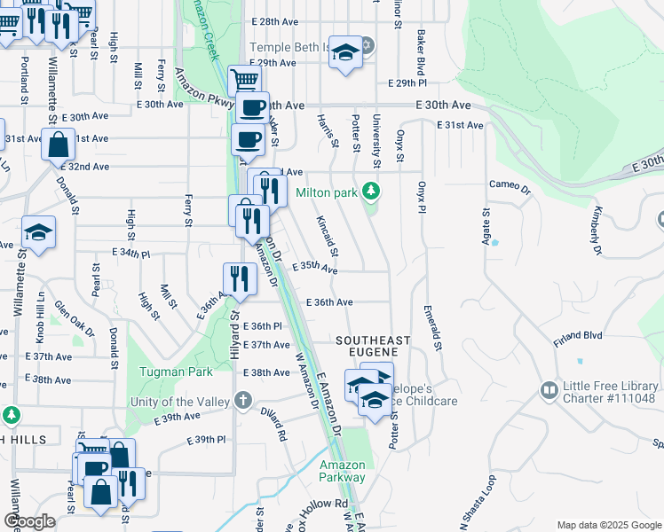 map of restaurants, bars, coffee shops, grocery stores, and more near 3473 Kincaid Street in Eugene