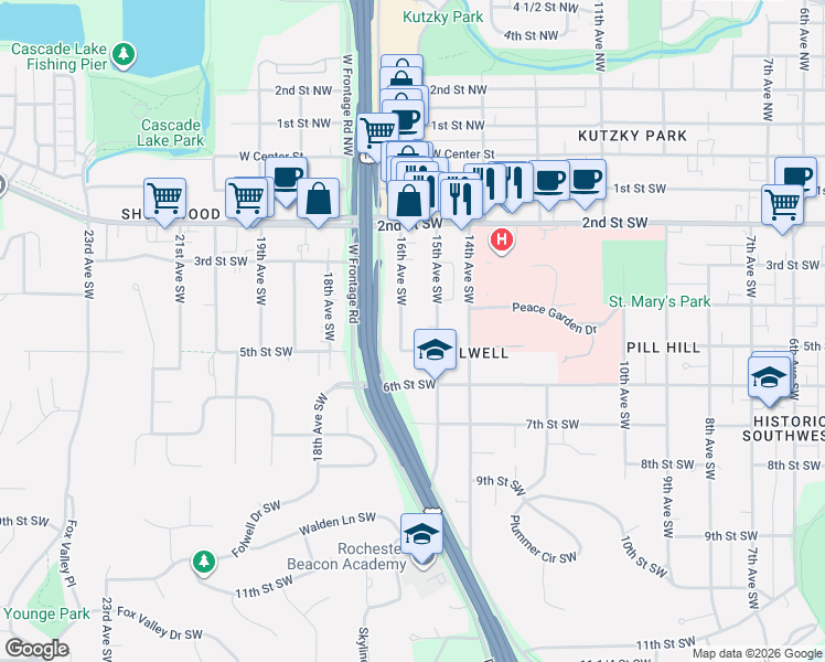 map of restaurants, bars, coffee shops, grocery stores, and more near 411 15th Avenue Southwest in Rochester