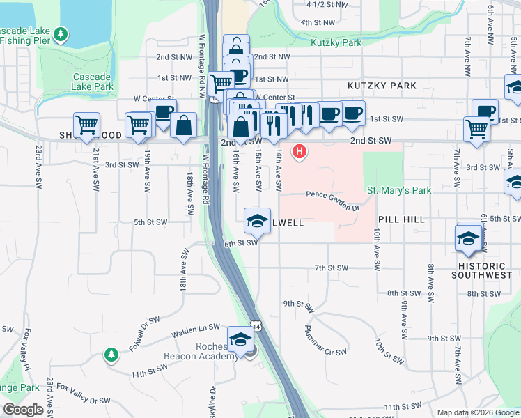 map of restaurants, bars, coffee shops, grocery stores, and more near 411 15th Avenue Southwest in Rochester