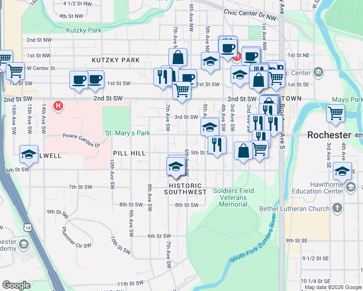map of restaurants, bars, coffee shops, grocery stores, and more near 417 6th Avenue Southwest in Rochester