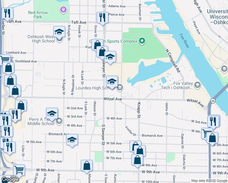 map of restaurants, bars, coffee shops, grocery stores, and more near 110 North Sawyer Street in Oshkosh