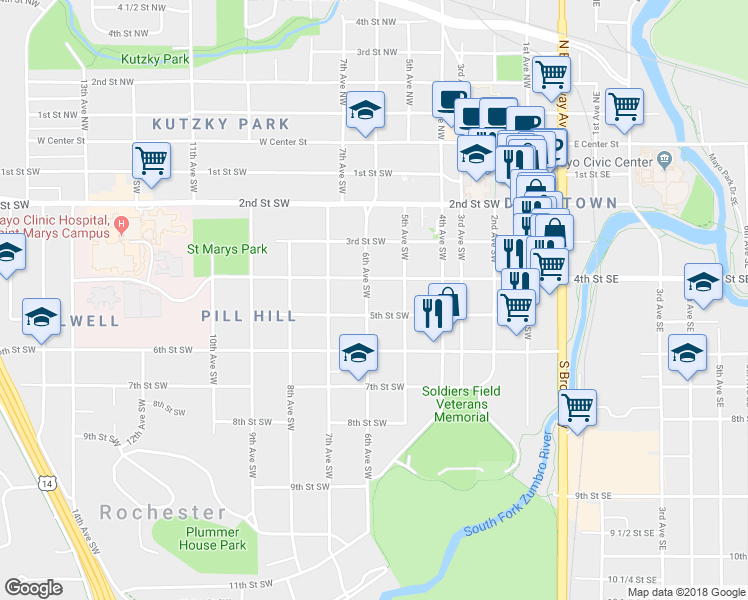 map of restaurants, bars, coffee shops, grocery stores, and more near 518 4th Street Southwest in Rochester