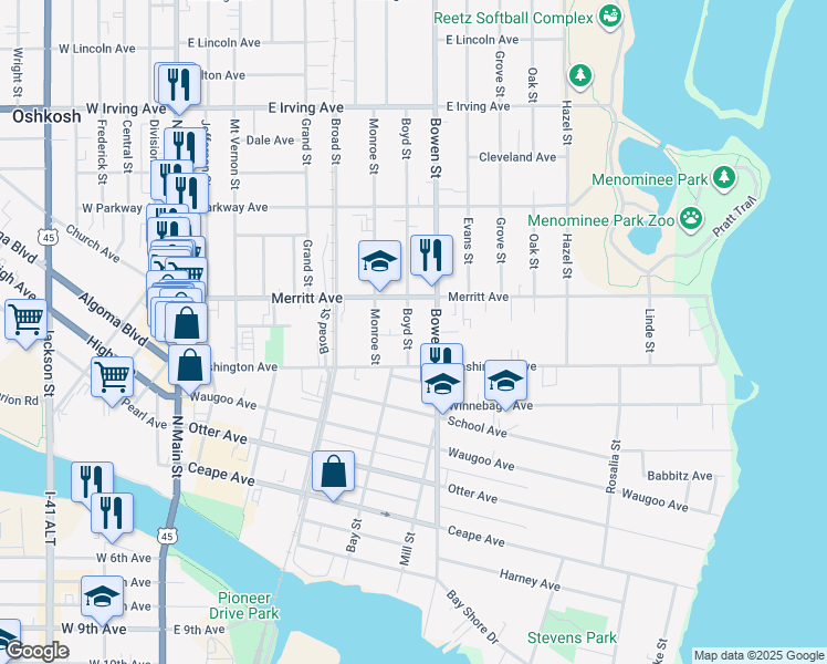 map of restaurants, bars, coffee shops, grocery stores, and more near 448 Boyd Street in Oshkosh
