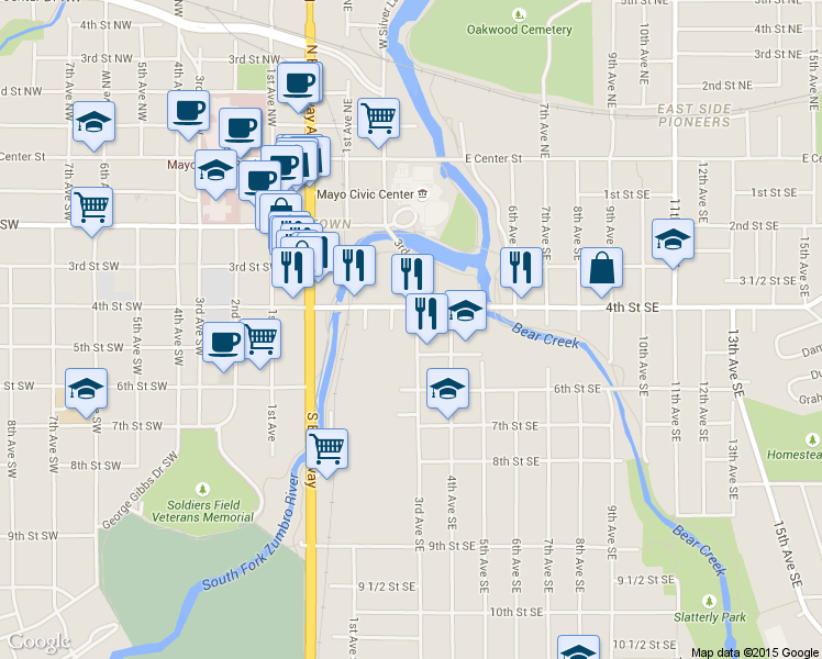 map of restaurants, bars, coffee shops, grocery stores, and more near in Rochester
