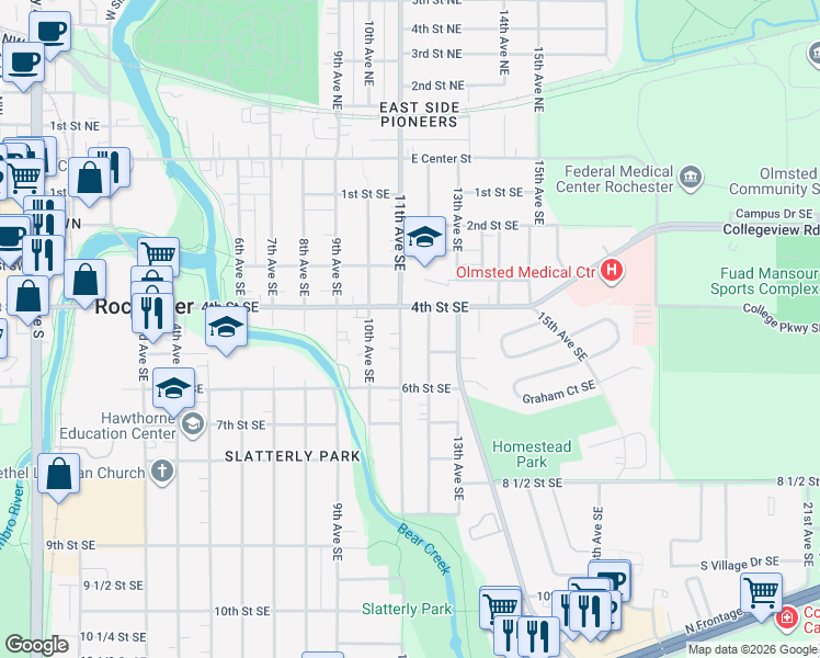 map of restaurants, bars, coffee shops, grocery stores, and more near 1116 4th Street Southeast in Rochester