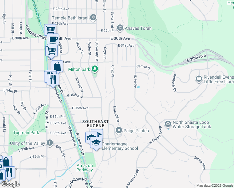map of restaurants, bars, coffee shops, grocery stores, and more near 3515 Emerald Street in Eugene