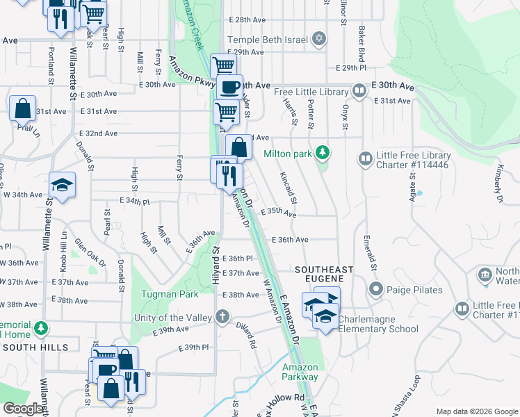 map of restaurants, bars, coffee shops, grocery stores, and more near 3475 East Amazon Drive in Eugene