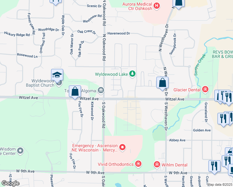 map of restaurants, bars, coffee shops, grocery stores, and more near 129 Wyldewood Drive in Oshkosh
