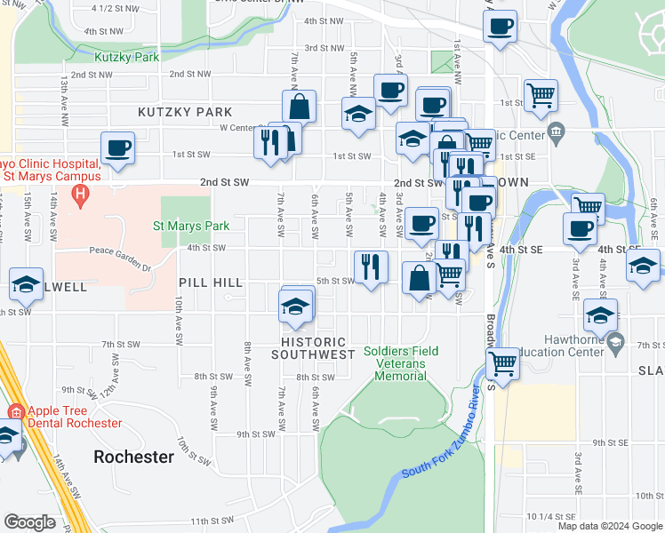 map of restaurants, bars, coffee shops, grocery stores, and more near 518 4th Street Southwest in Rochester