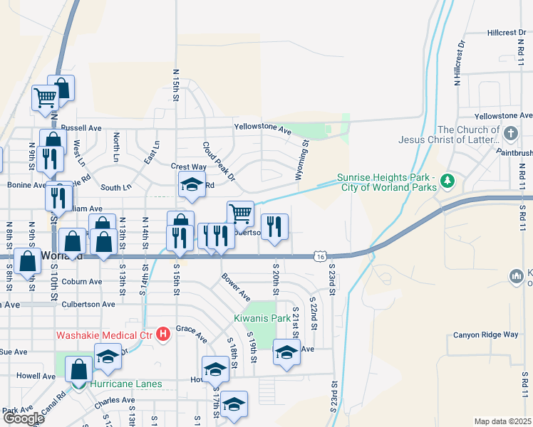 map of restaurants, bars, coffee shops, grocery stores, and more near 224 North 19th Street in Worland