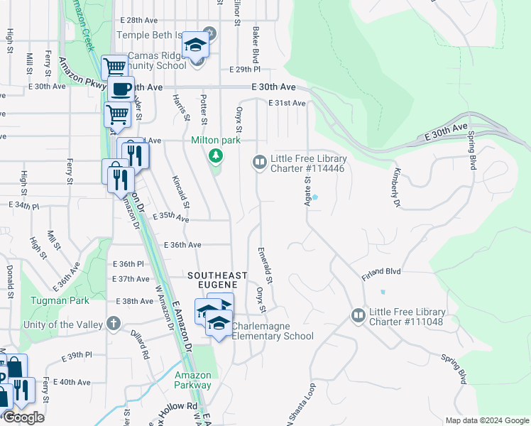 map of restaurants, bars, coffee shops, grocery stores, and more near 3585 Emerald Street in Eugene