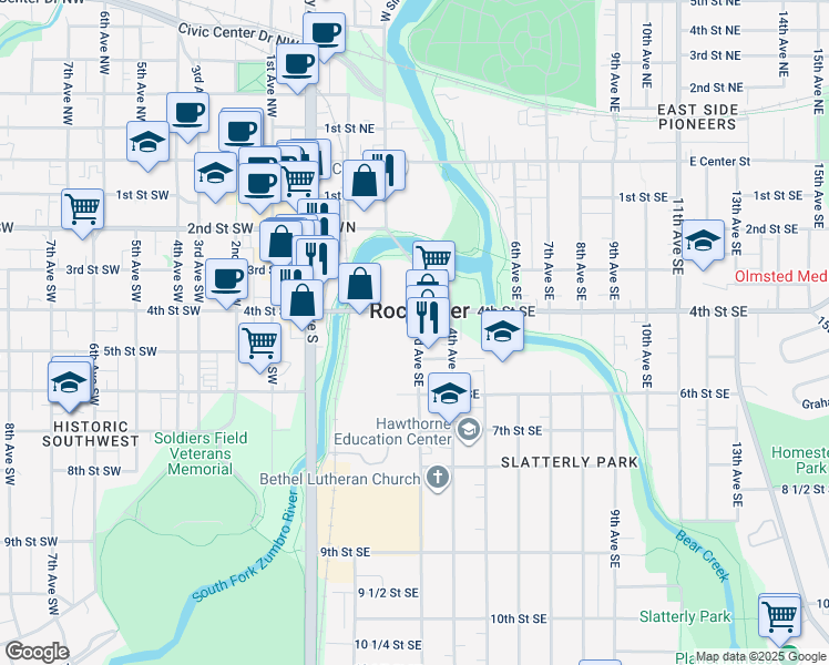 map of restaurants, bars, coffee shops, grocery stores, and more near 417 3rd Avenue Southeast in Rochester