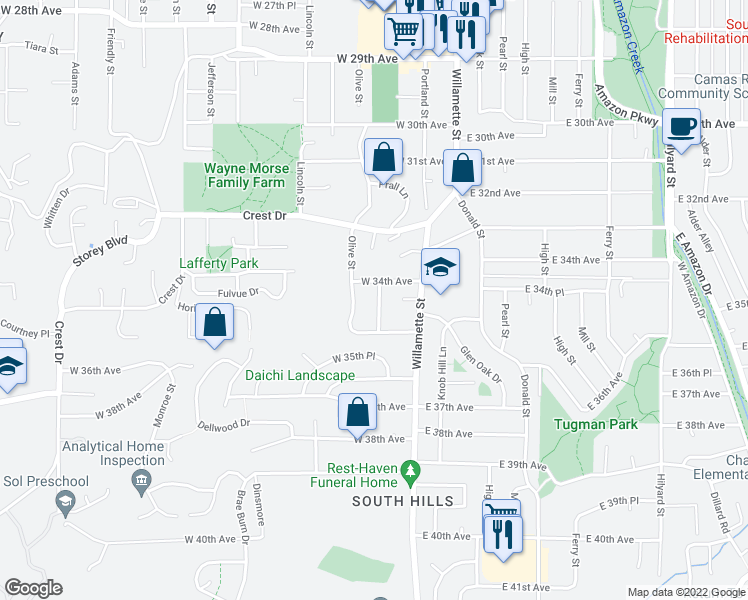 map of restaurants, bars, coffee shops, grocery stores, and more near 3450 McMillan Street in Eugene