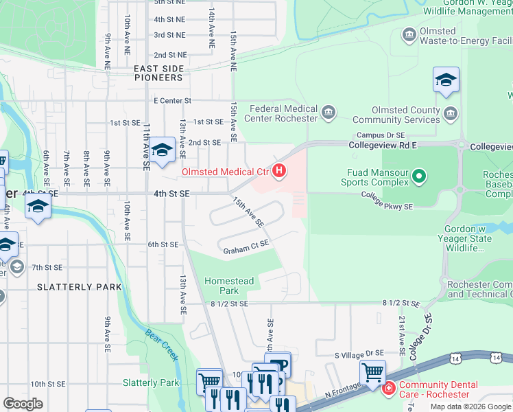 map of restaurants, bars, coffee shops, grocery stores, and more near 1505 Damon Court Southeast in Rochester