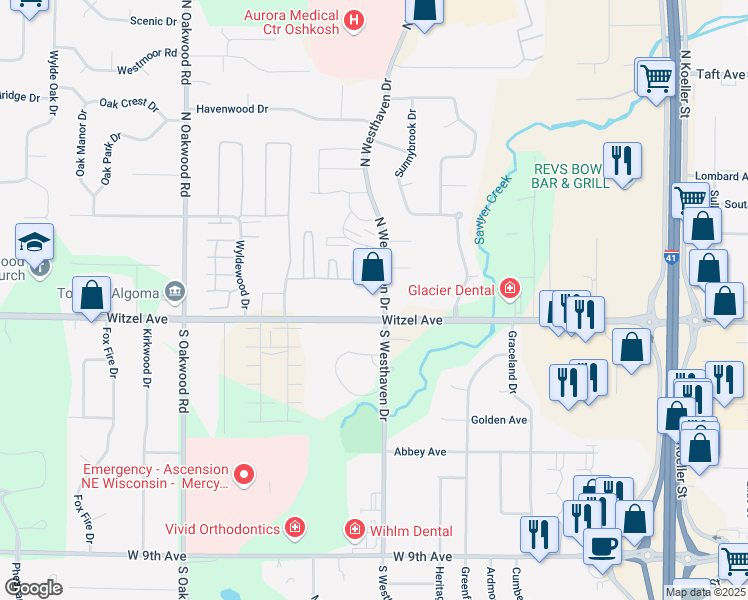 map of restaurants, bars, coffee shops, grocery stores, and more near 2500 Witzel Avenue in Oshkosh