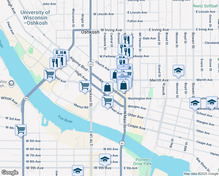 map of restaurants, bars, coffee shops, grocery stores, and more near 203 Algoma Boulevard in Oshkosh
