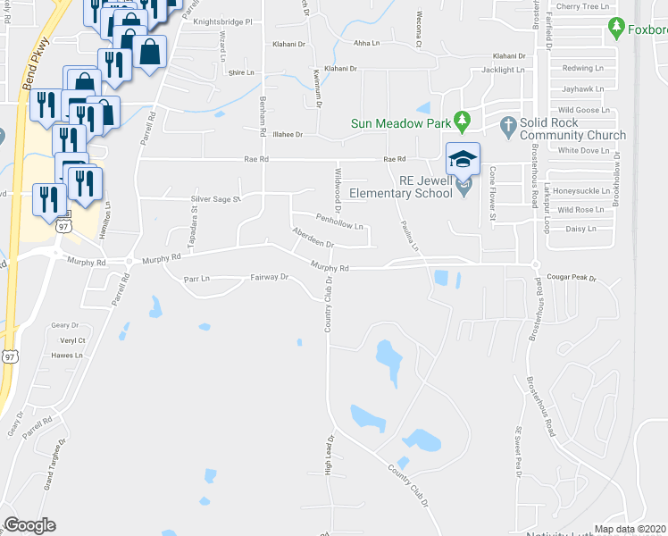 map of restaurants, bars, coffee shops, grocery stores, and more near 20402 Murphy Road in Bend