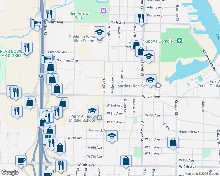 map of restaurants, bars, coffee shops, grocery stores, and more near 155 North Meadow Street in Oshkosh