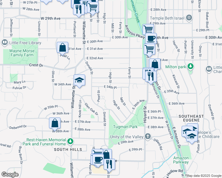 map of restaurants, bars, coffee shops, grocery stores, and more near 280 East 34th Place in Eugene