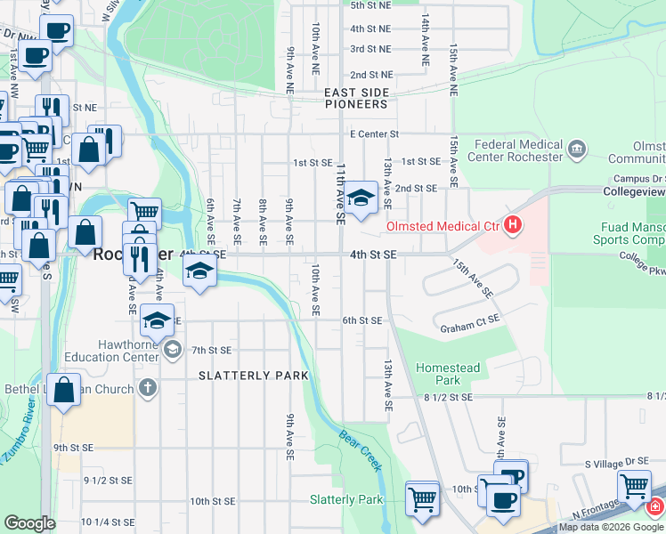 map of restaurants, bars, coffee shops, grocery stores, and more near 1012 4th Street Southeast in Rochester