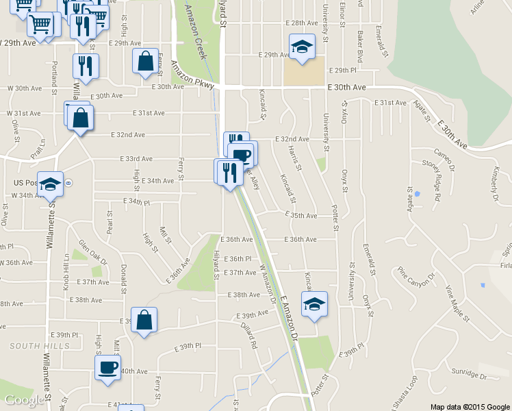 map of restaurants, bars, coffee shops, grocery stores, and more near 3481 East Amazon Drive in Eugene