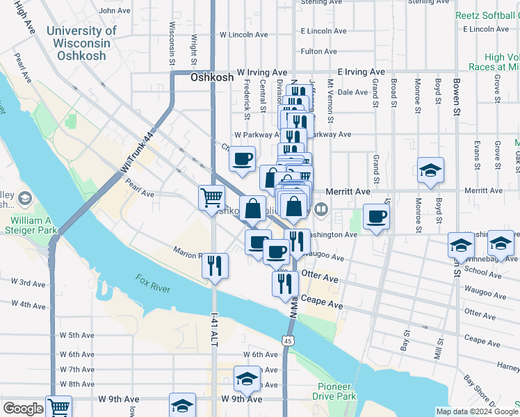 map of restaurants, bars, coffee shops, grocery stores, and more near 203 Algoma Boulevard in Oshkosh
