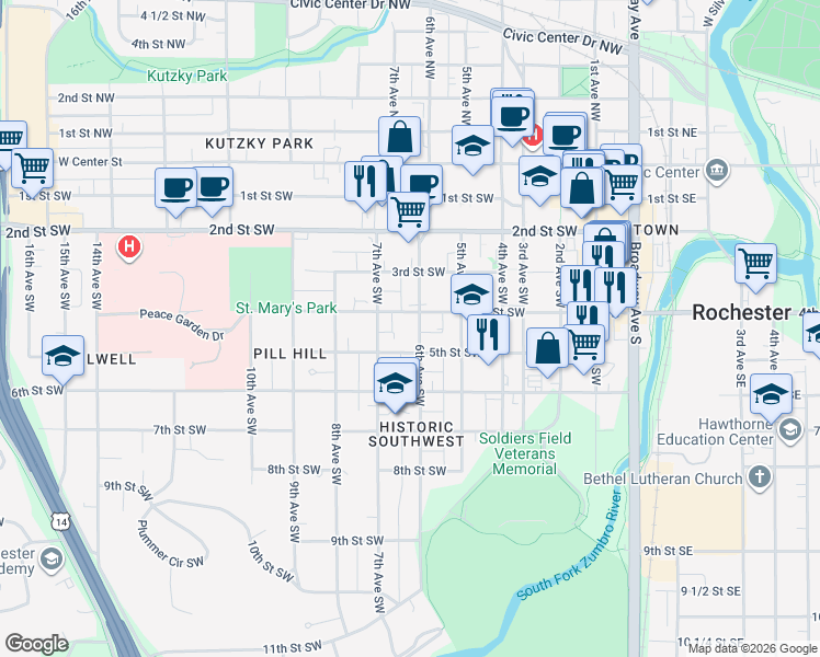map of restaurants, bars, coffee shops, grocery stores, and more near 600 4th Street Southwest in Rochester