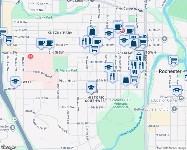 map of restaurants, bars, coffee shops, grocery stores, and more near 600 4th Street Southwest in Rochester