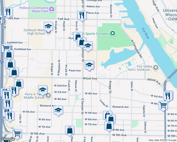 map of restaurants, bars, coffee shops, grocery stores, and more near 110 North Sawyer Street in Oshkosh