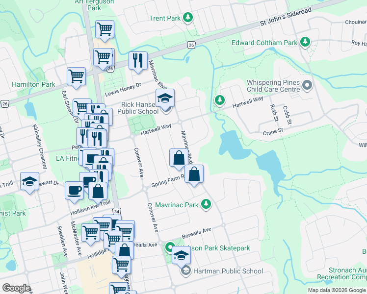 map of restaurants, bars, coffee shops, grocery stores, and more near 406 Mavrinac Boulevard in Aurora