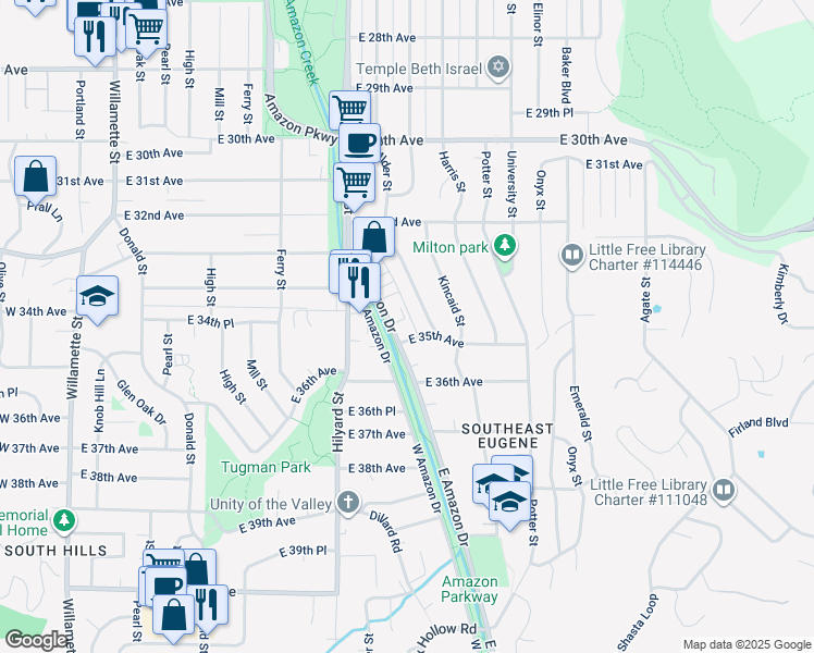 map of restaurants, bars, coffee shops, grocery stores, and more near 3475 East Amazon Drive in Eugene