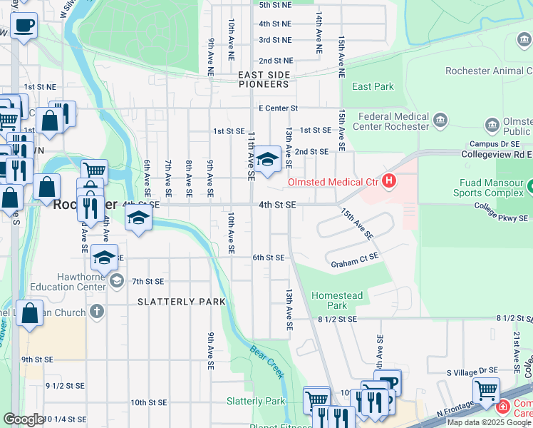 map of restaurants, bars, coffee shops, grocery stores, and more near 1116 4th Street Southeast in Rochester