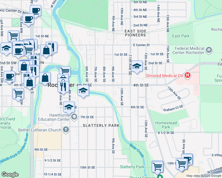 map of restaurants, bars, coffee shops, grocery stores, and more near 904 4th Street Southeast in Rochester
