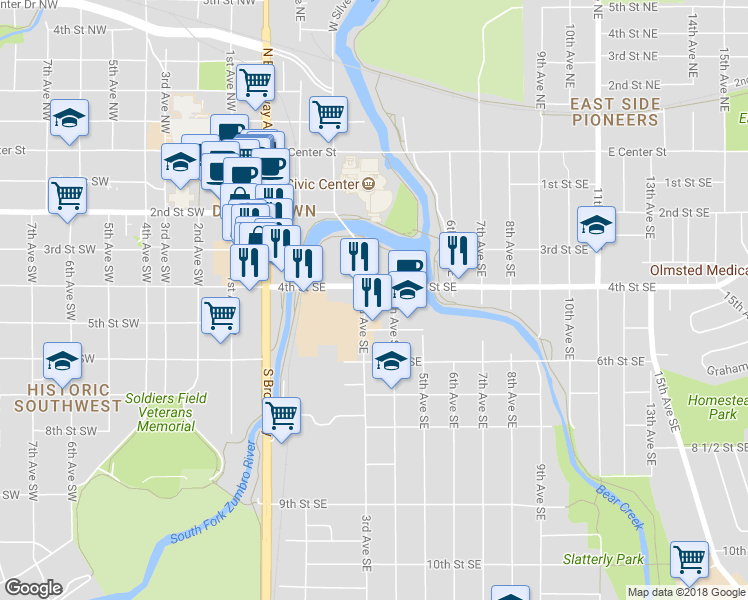 map of restaurants, bars, coffee shops, grocery stores, and more near in Rochester